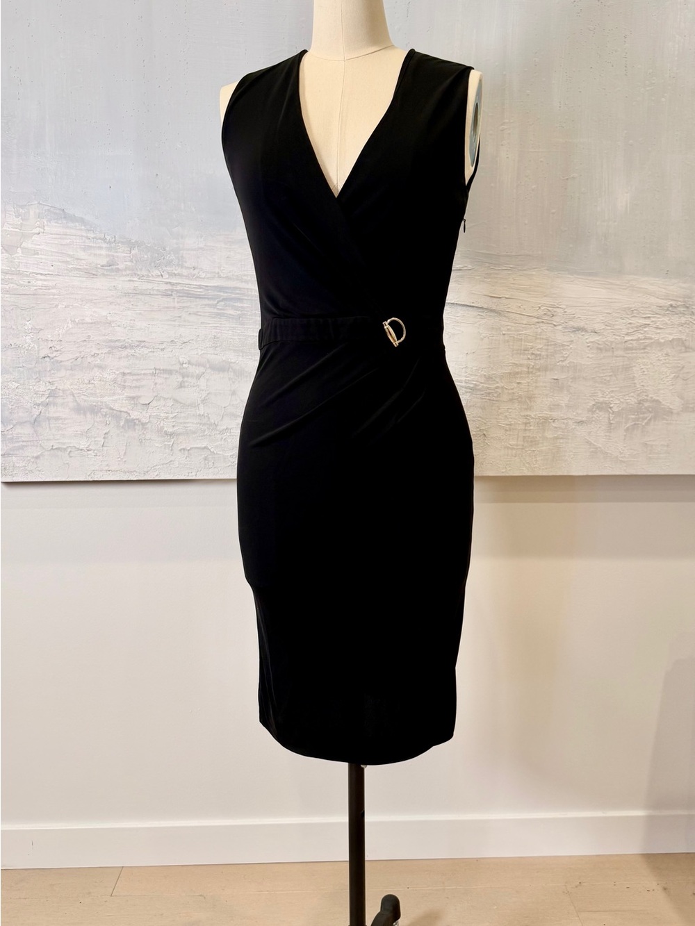 Gucci Black V-Neck Midi Sheath Dress with Side D-Buckle